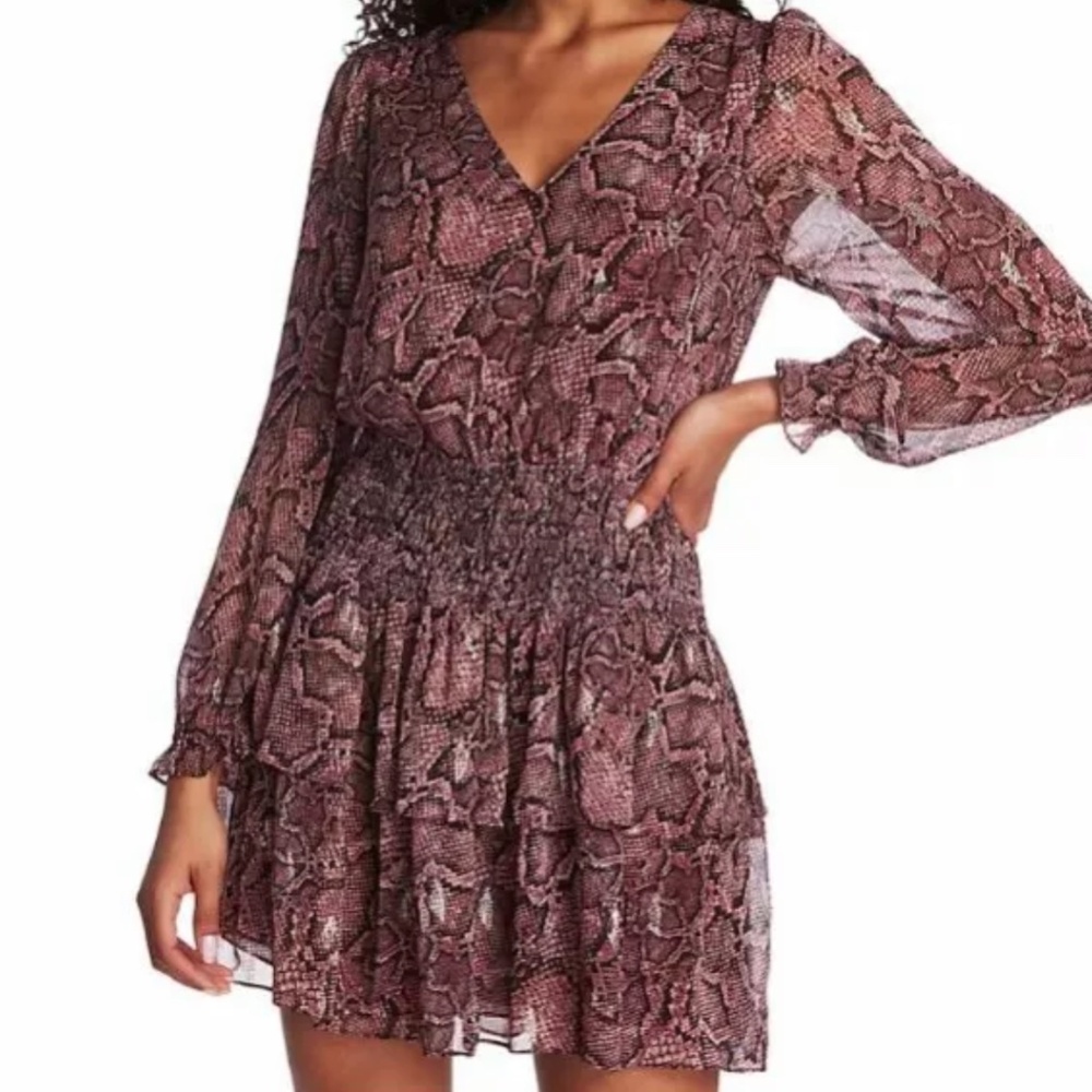 1. State Polished Nomad Snake Print Mini Dress Mahogany Small Boho Smocked NWT